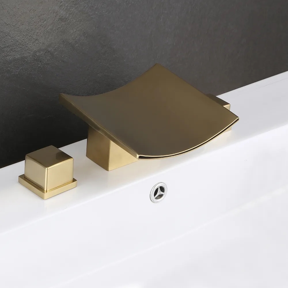 Grop Brushed Gold Waterfall Widespread Bathroom Sink Faucet Double