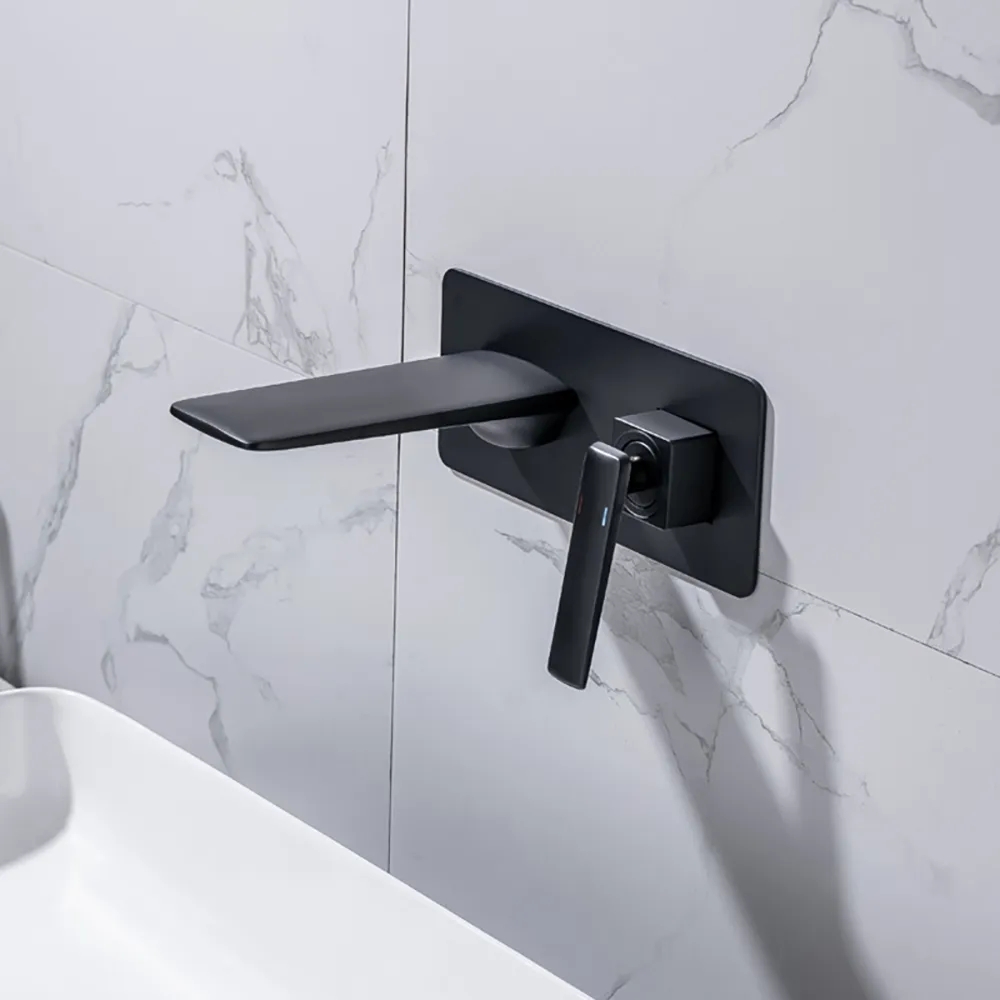 Contemporary Black Single Lever Handle Wall Mounted Solid Brass Bathroom Basin Tap
