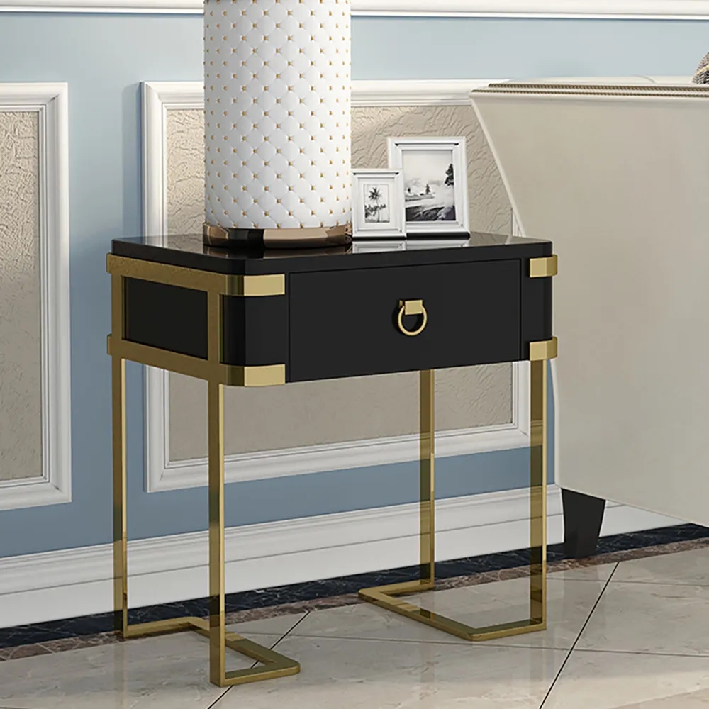 

Black Nightstand Lacquered Bedroom Table 1 Drawer Stainless Steel