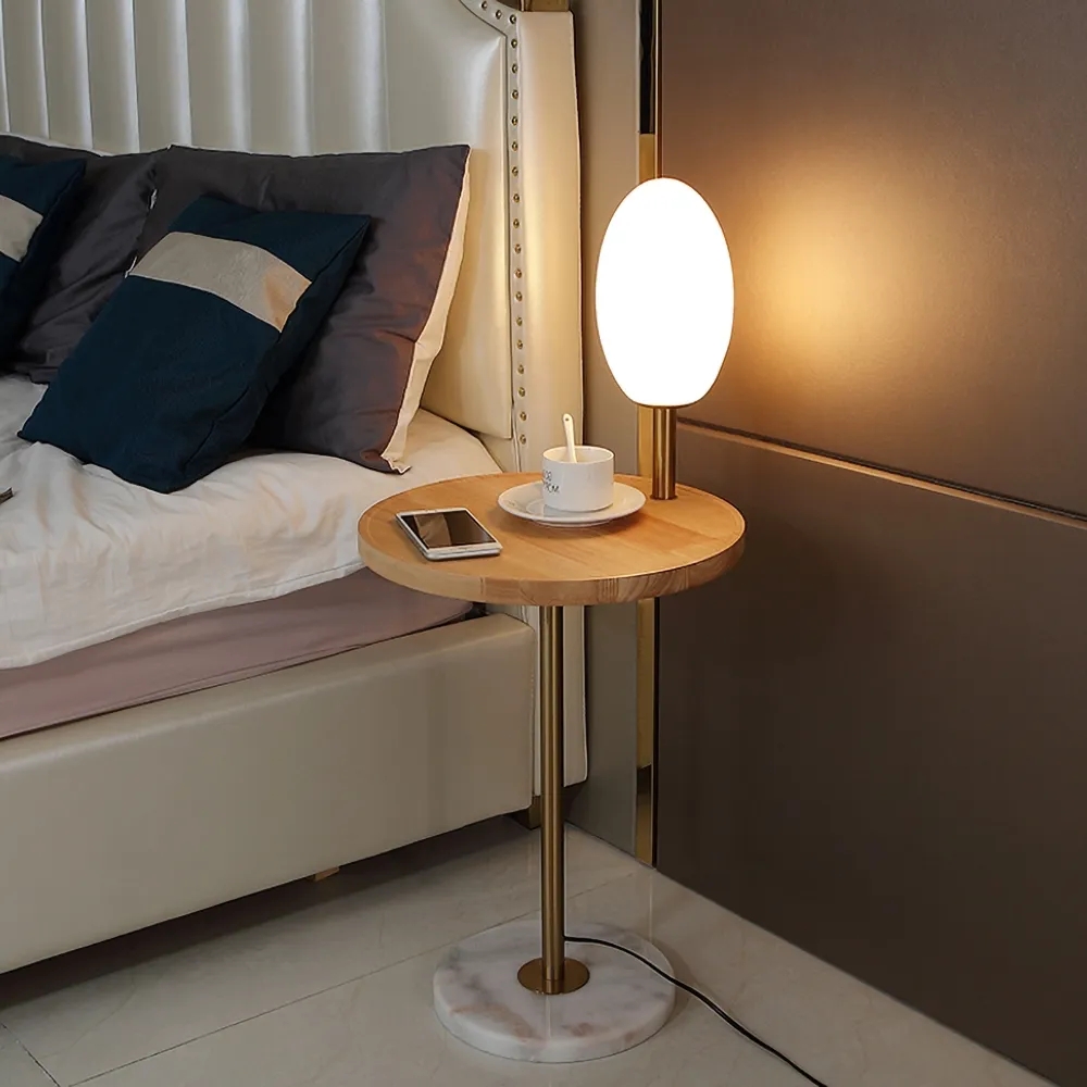 

LED Natural Wood End Table Floor Lamp Glass Shade Wireless Charger Marble Base