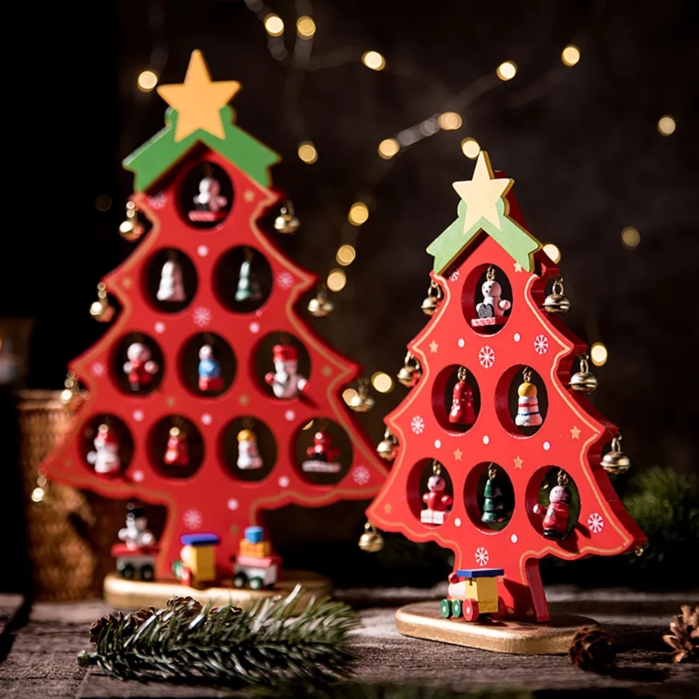 Small & Large Wooden Christmas Tree Set Of 2 Tabletop Decorations Red