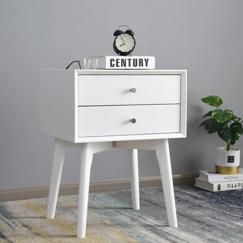 

White Bedroom Nightstand 2-Drawer Bedside Table with High Tapered Feet