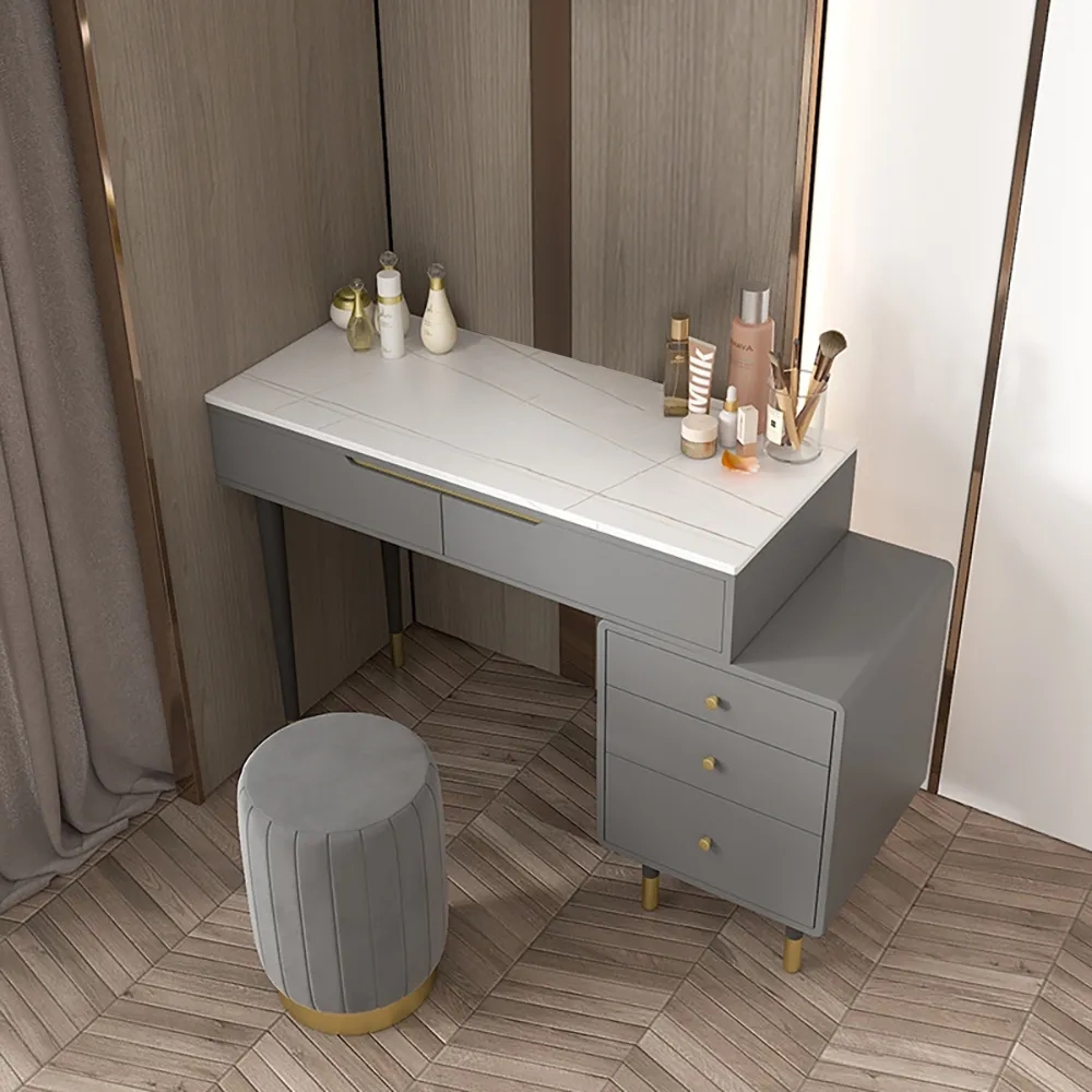Modern Gray Makeup Vanity Retracted Stone Top with 5 Drawers in Large