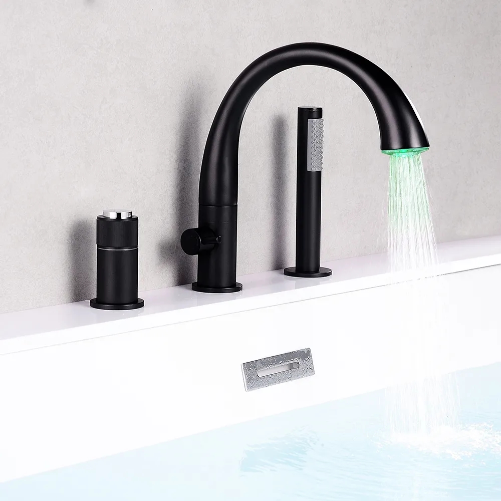 

LED 3-Piece Deck Mounted Waterfall Roman Tub Faucet & Hand Shower Solid Brass, Black