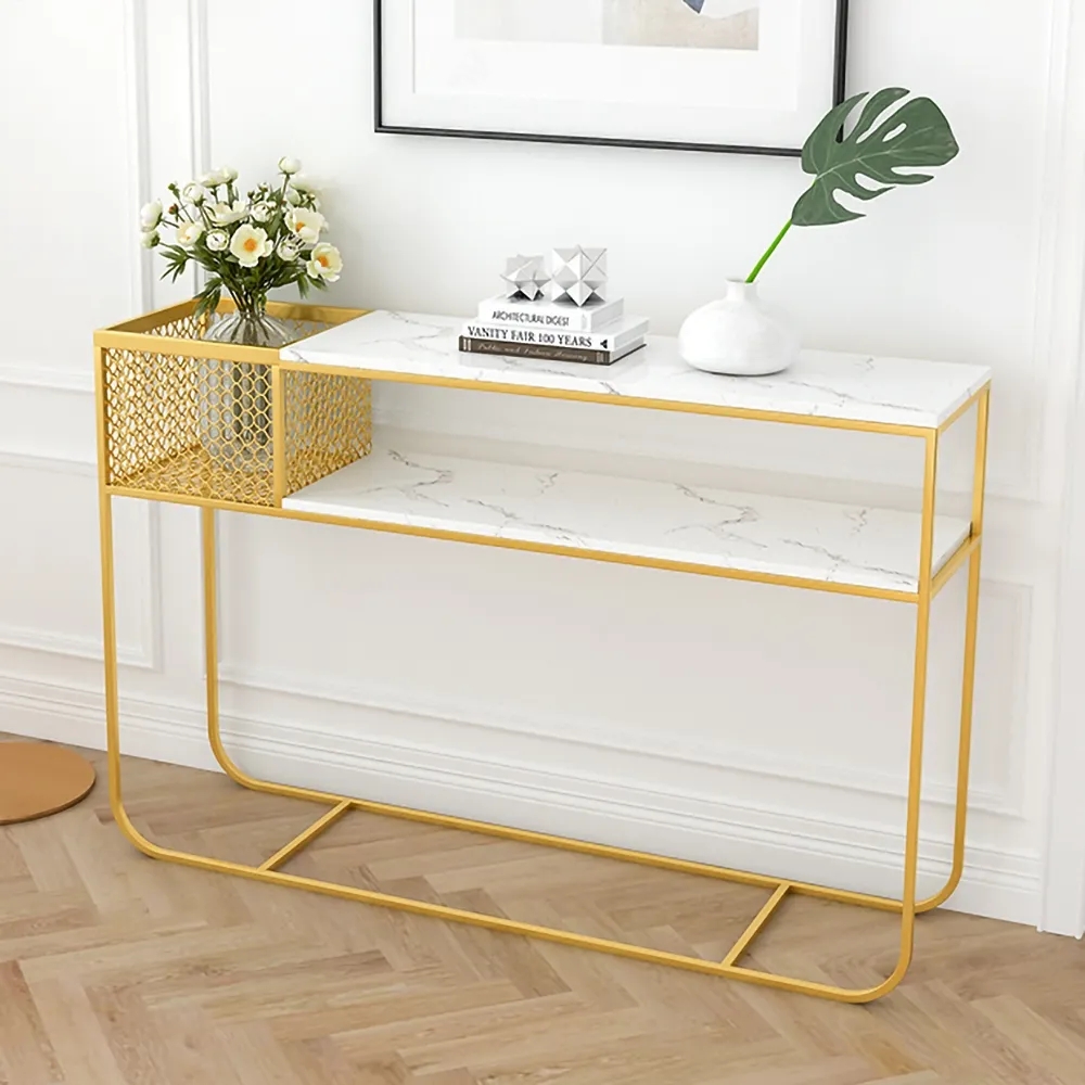 Modern Luxury Faux Marble Narrow Console Table Rectangle Gold Finish