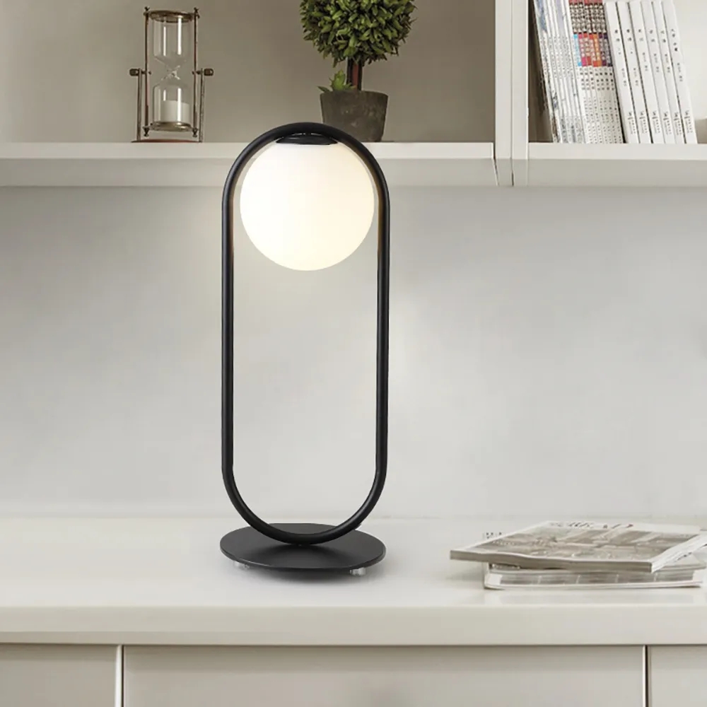 

Black Metal White Glass Globe Table Lamp LED for Bedroom