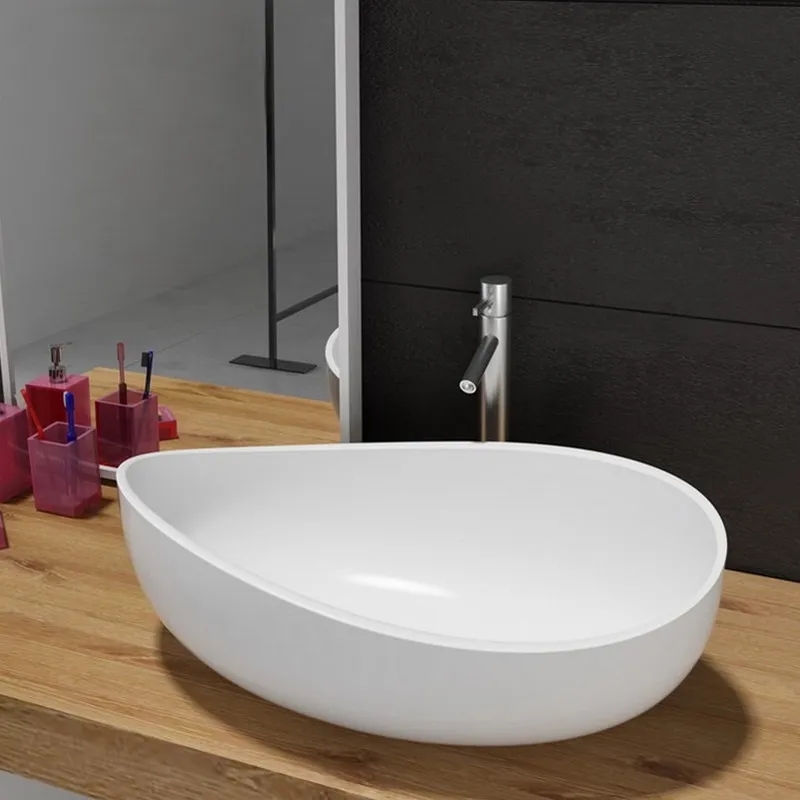 Badezimmer Steinharz ovale Aufsatzwaschbecken glänzend weiß mit Pop Up Abfall