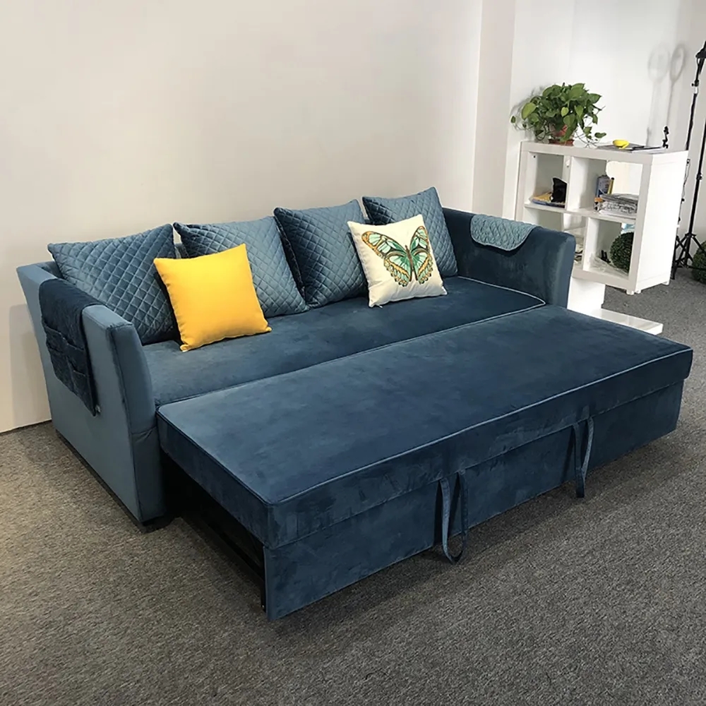 Blue 85" Full Sleeper Sofa Velvet Upholstered Convertible Sofa