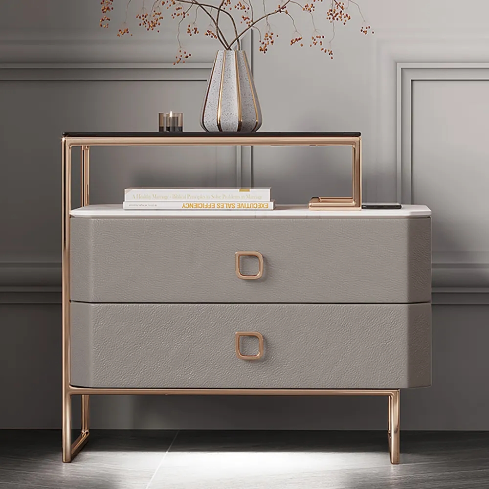 

Brown Nightstand Microfiber Leather Upholstery Bedside Table with Light