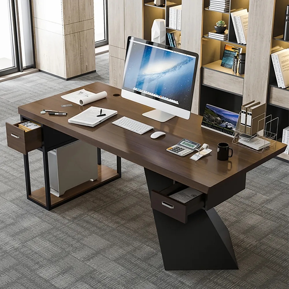  Modern Walnut Wood Office Computer Desk with 2 Drawers in Black Metal Legs