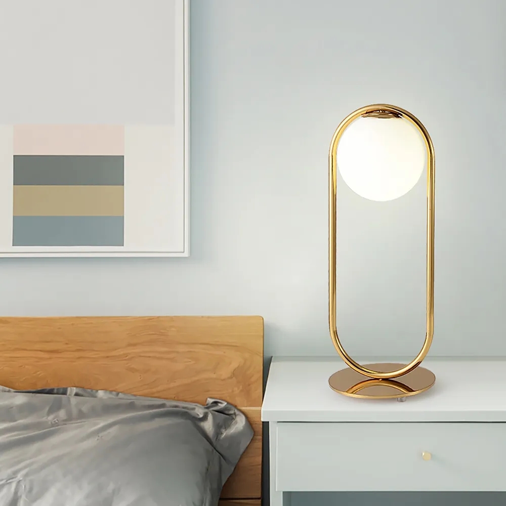 Gold Metal White Glass Globe Table Lamp LED for Bedroom