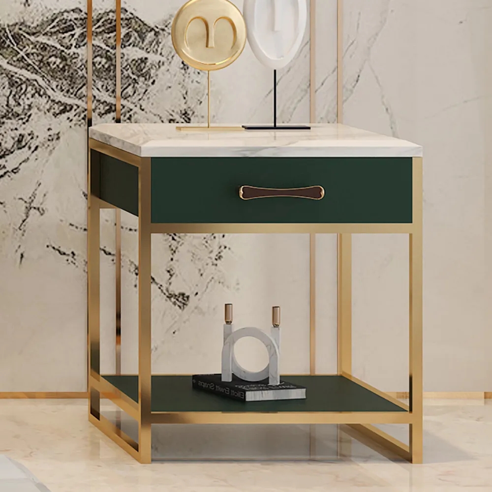 

Italian Green Nightstand Faux Marble Top Faux Leather Upholstery Bedside Cabinet