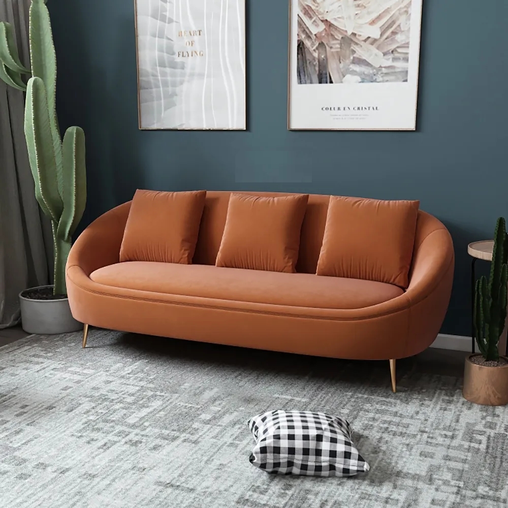 

76.8" Orange Velvet Upholstered Oval Sofa for 3 Seaters with Pillows Included