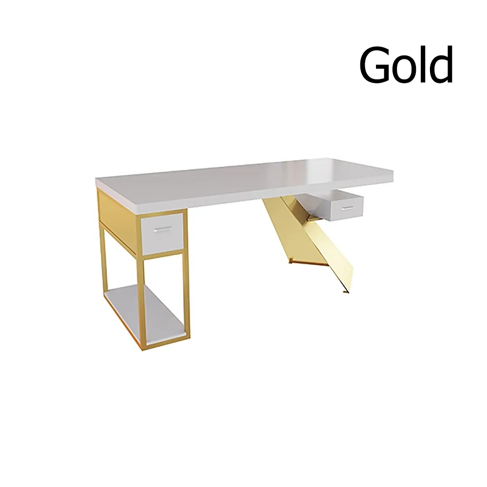 Cabstract 55" White Computer Desk Modern Writing Desk with 2 Drawers & Storage in Gold