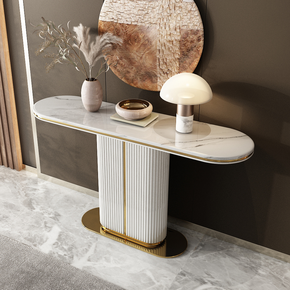 Modern White Narrow Console Table With Marble Top & Mdf Base