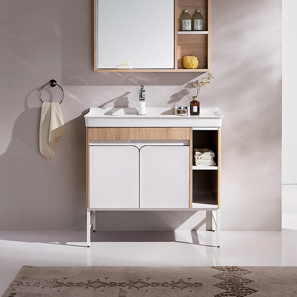 

White & Natural Free-standing Bathroom Vanity Integral Ceramics Sink 2-Door Cabinet