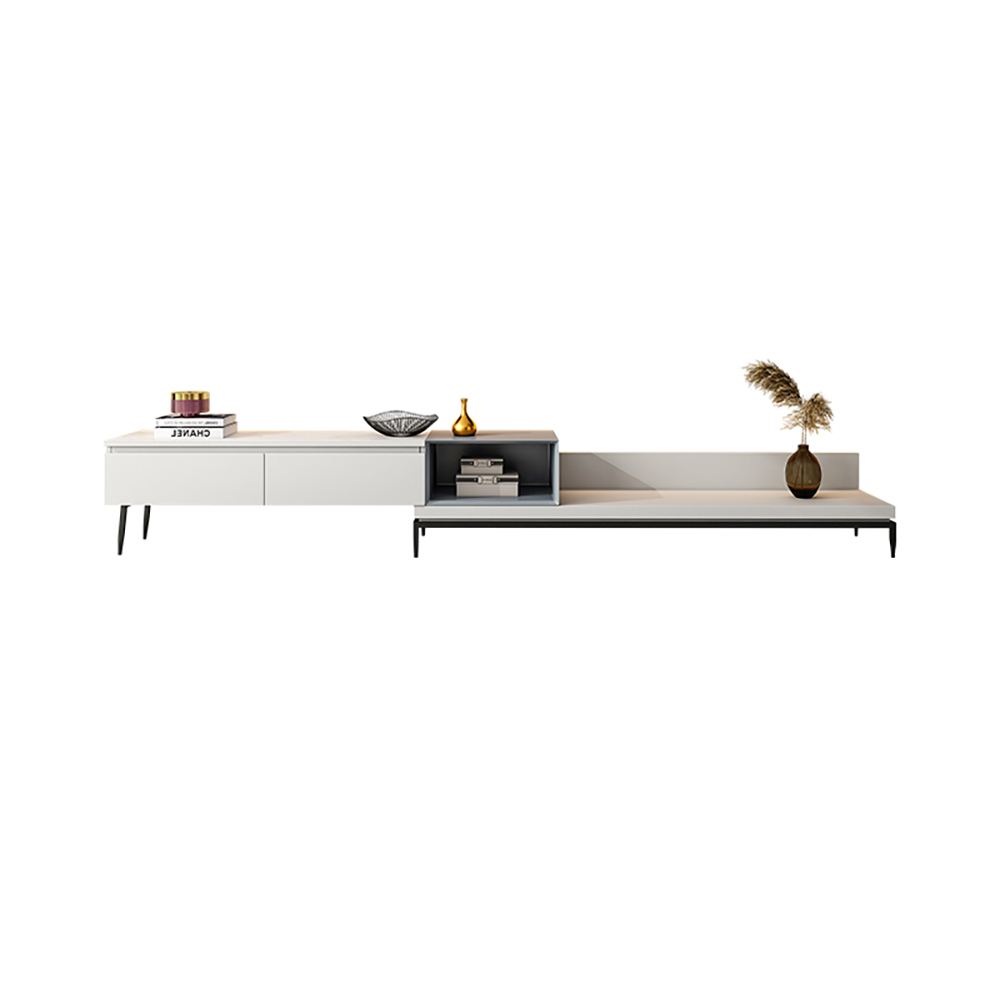 Italian Gray TV Stand Stone Top 2Drawer Extendable Media Console for