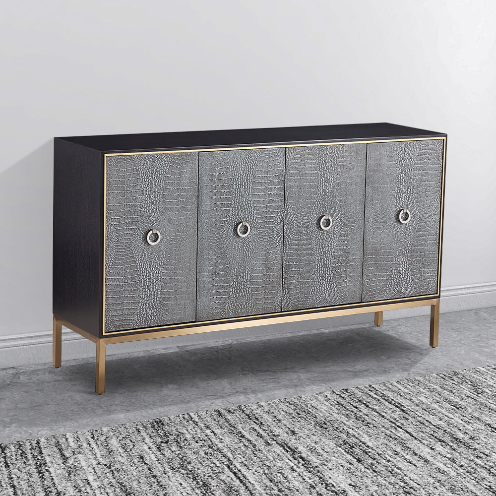 Modern Gray Sideboard Buffet Leather-Grained 4-Door Sideboard in Gold