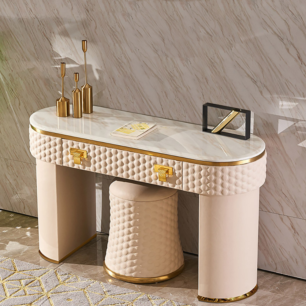

Contemporary Pink Makeup Vanity 1-Drawer Dressing Table Stool Included Gold Finish