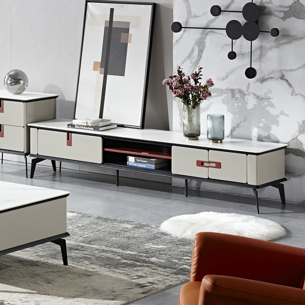 

Nordic Off White TV Stand Stone Top Media Console with Storage