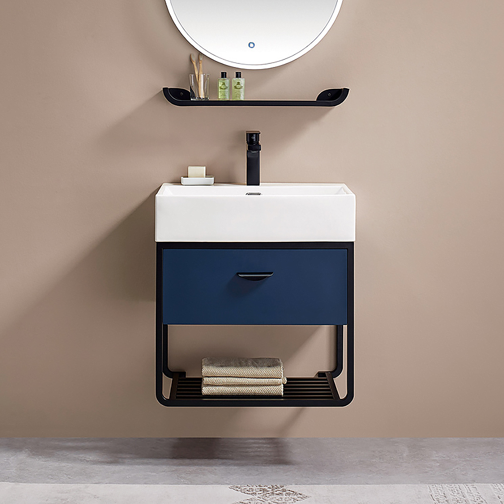 23.6" Blue Floating Bathroom Vanity Single Ceramic Undermount 1 Drawer 1 Shelf