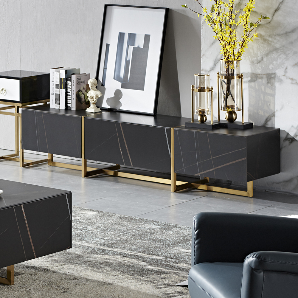 

Modern Luxury Black TV Stand Stone Top 3-Drawer Lacquered Surface