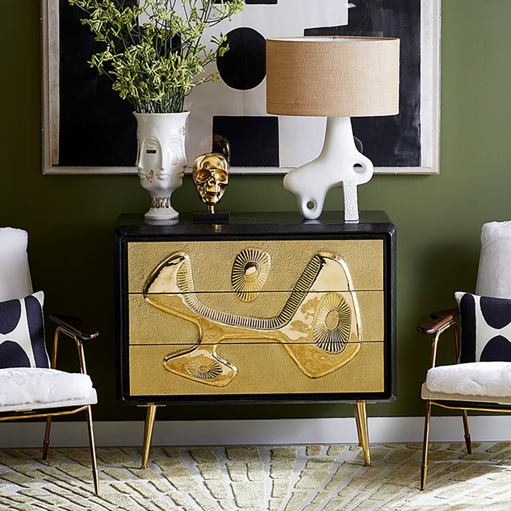 

Modern Black&Gold Chest 3-Drawer Abstract Patterns Embossed Cabinet