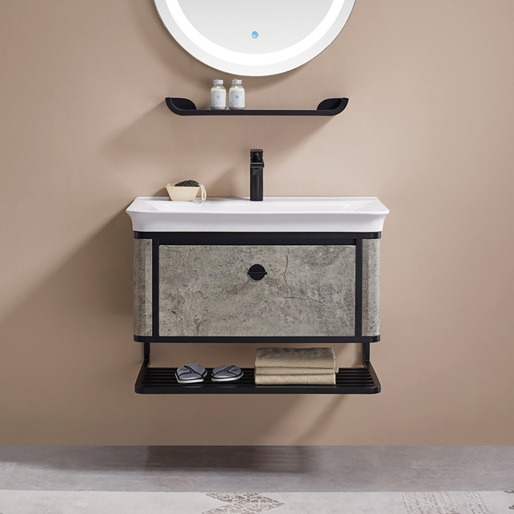 

31.5" Gray Floating Bathroom Vanity Single Ceramics Undermount Drawer Shelf Tableless