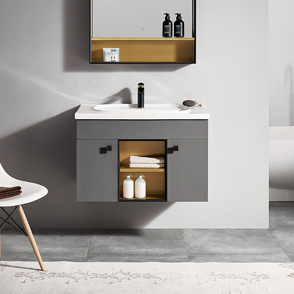 

Gray Floating Bathroom Vanity Integral Ceramic Undermount 2 Doors 1 Shelf