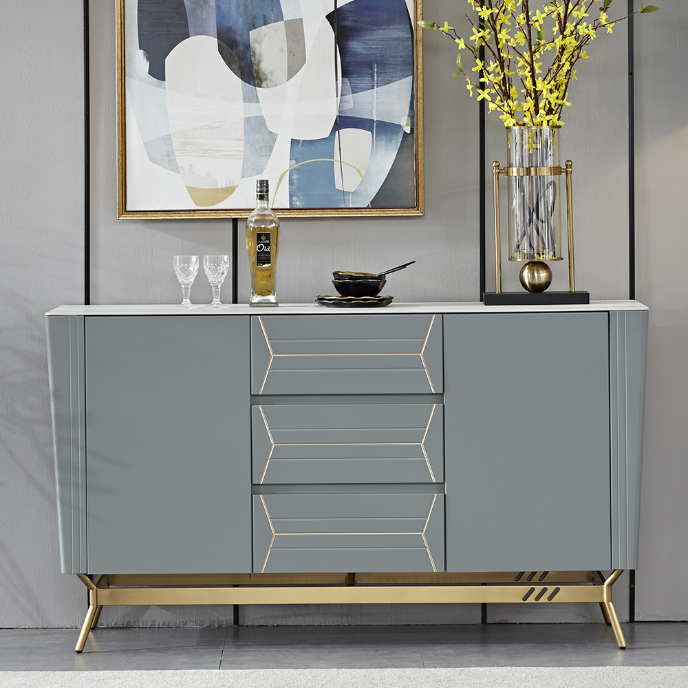 

Italian Gray Buffet Stone Top Gold Drawing Sideboard Doors & Drawers