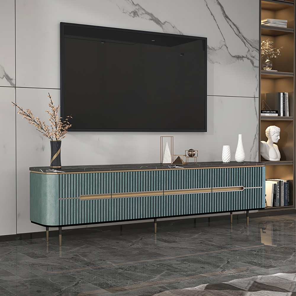 

Modern Blue TV Stand Black Faux Marble Top 4-Door TV Console