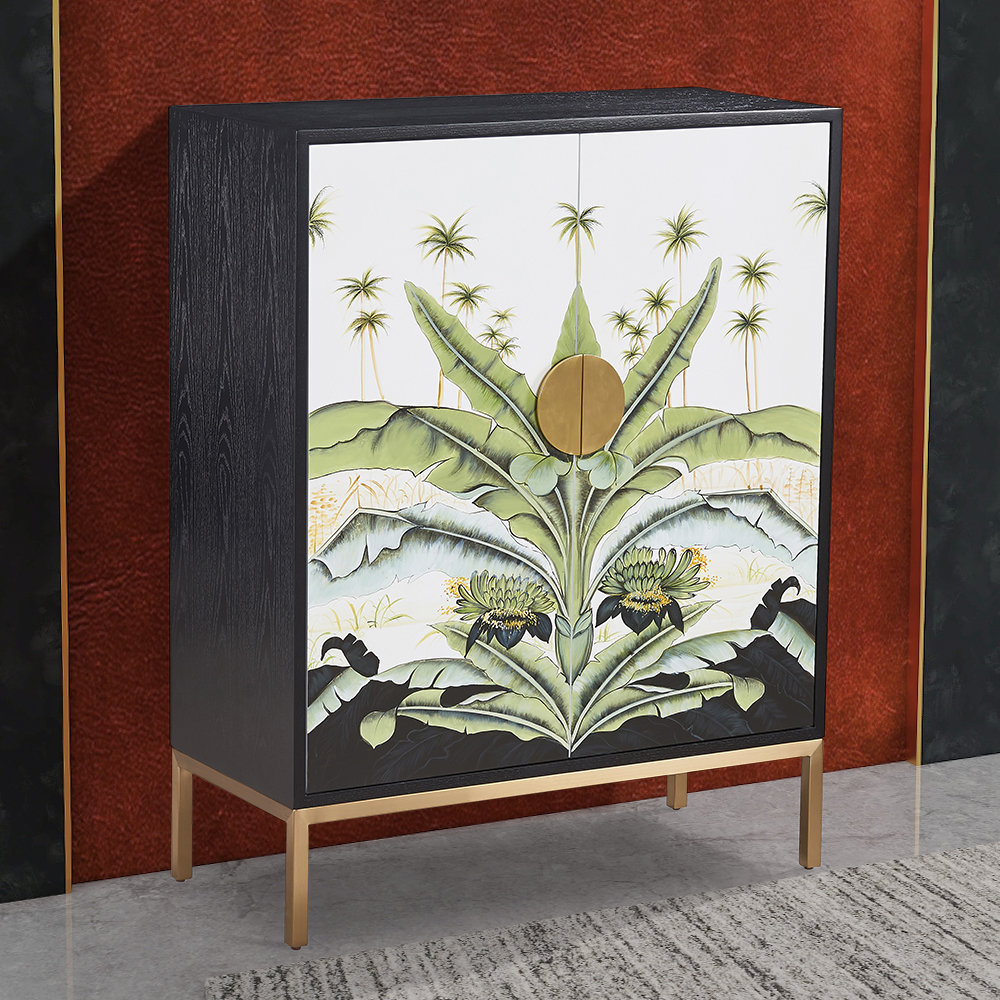 

Novel Colorful Display Cabinet 2-Door Drawings Accent Cabinet Gold Finish