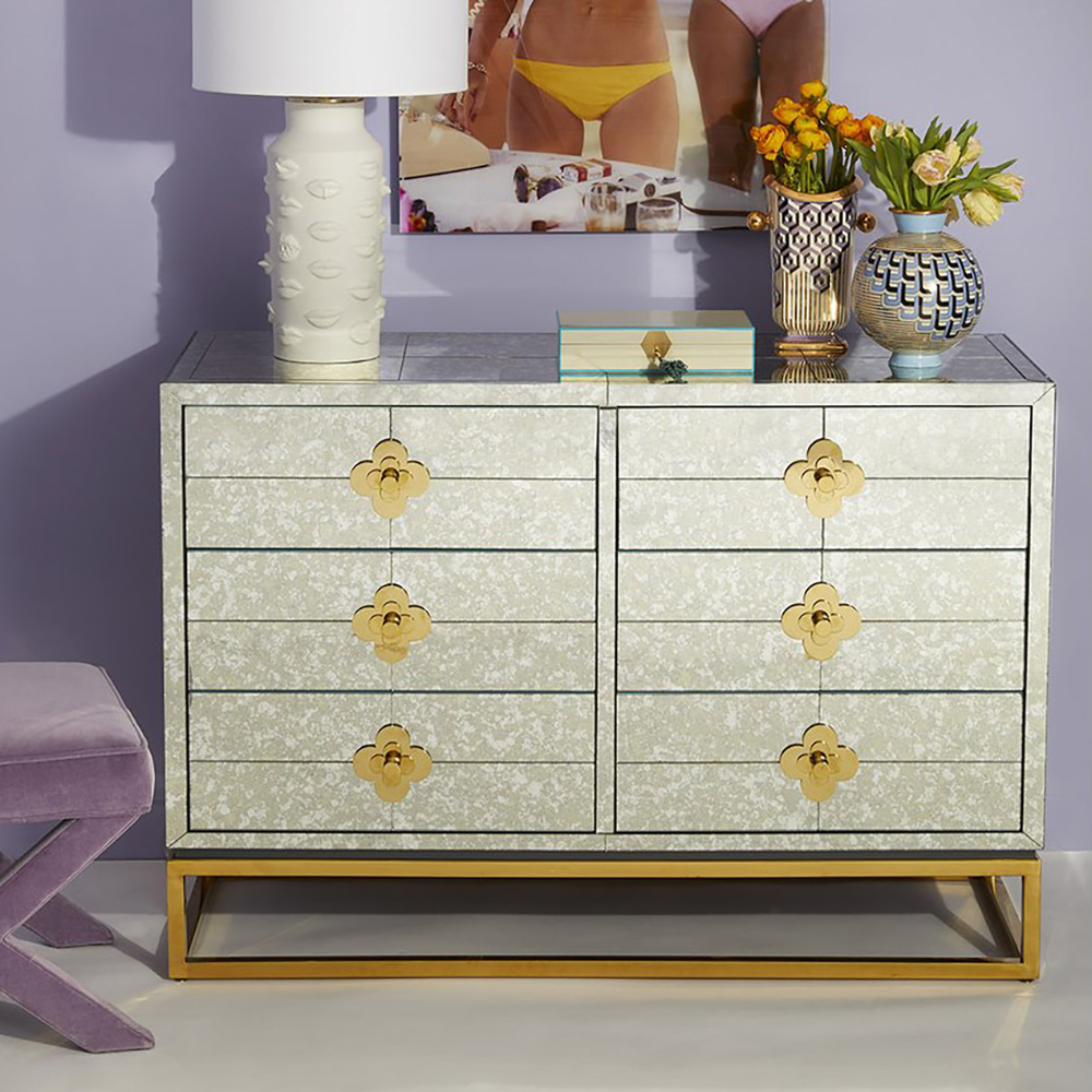 

Modern White Dresser 6 Blue Drawers 47" Bedroom Cabinet Gold Finish