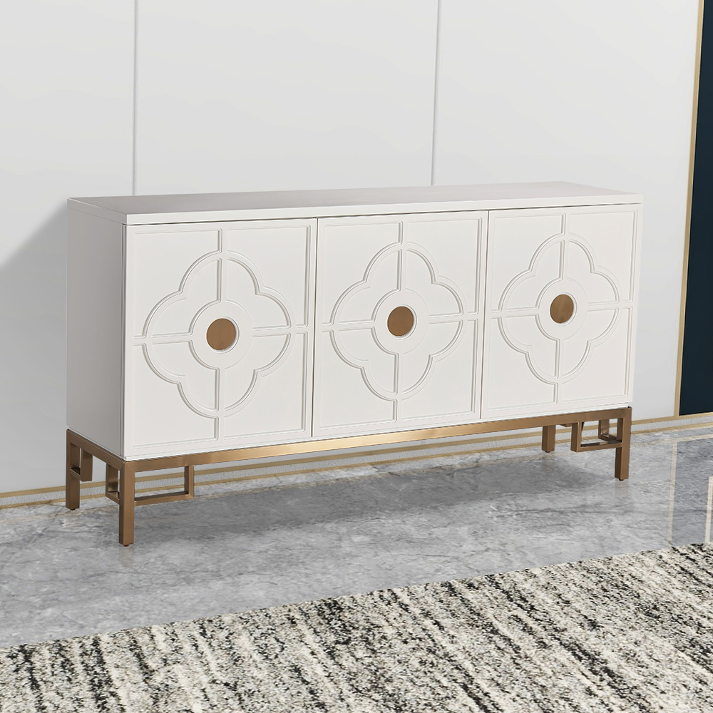 

White Buffet 3-Door Clover Embossment Sideboard Gold Finish