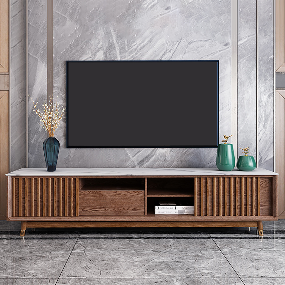 2000mm Walnut TV Stand Stone Top Media Console Sliding Doors DrawersHomary