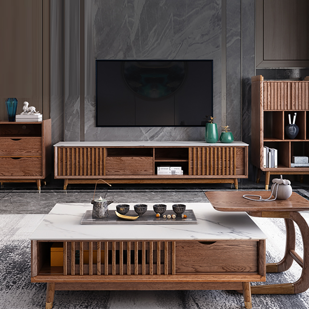 2000mm Walnut TV Stand Stone Top Media Console Sliding Doors DrawersHomary