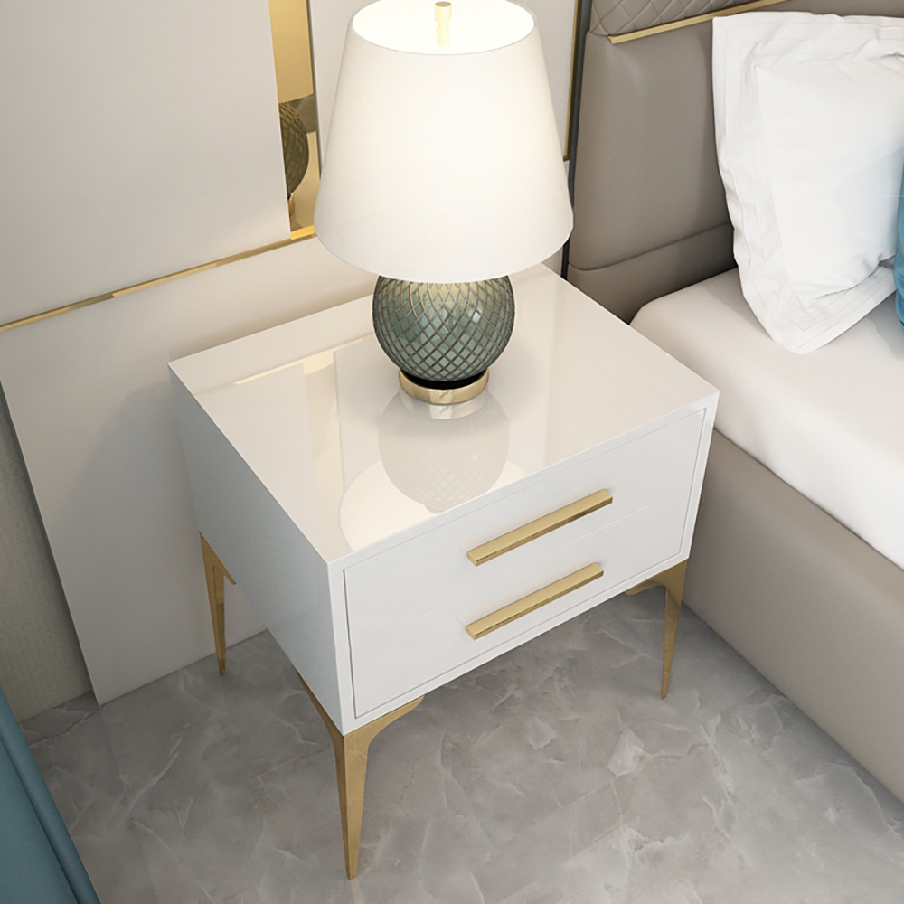 Moderner weißer Nachttisch, glänzend, Nachttisch mit 2 Schubladen, hohe Beine