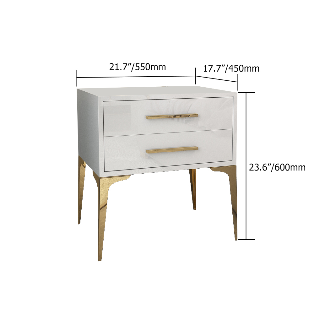 Moderner weißer Nachttisch, glänzend, Nachttisch mit 2 Schubladen, hohe Beine