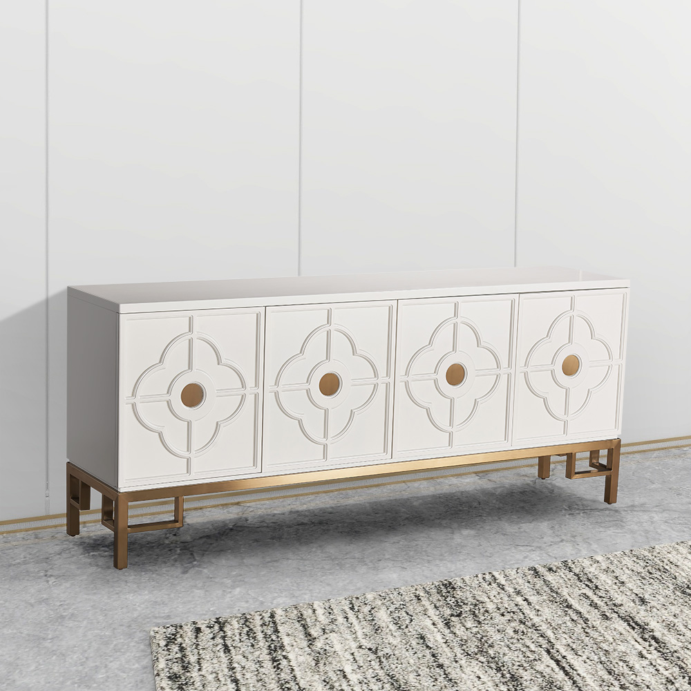 

Modern White TV Stand Rectangular 4-Door Clover Embossment Media Cabinet