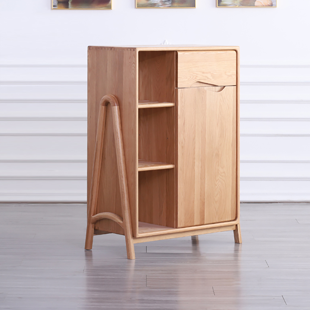 Nordic Natural Cabinet Oak Wood Side Cabinet Open Storage Hidden Pulls