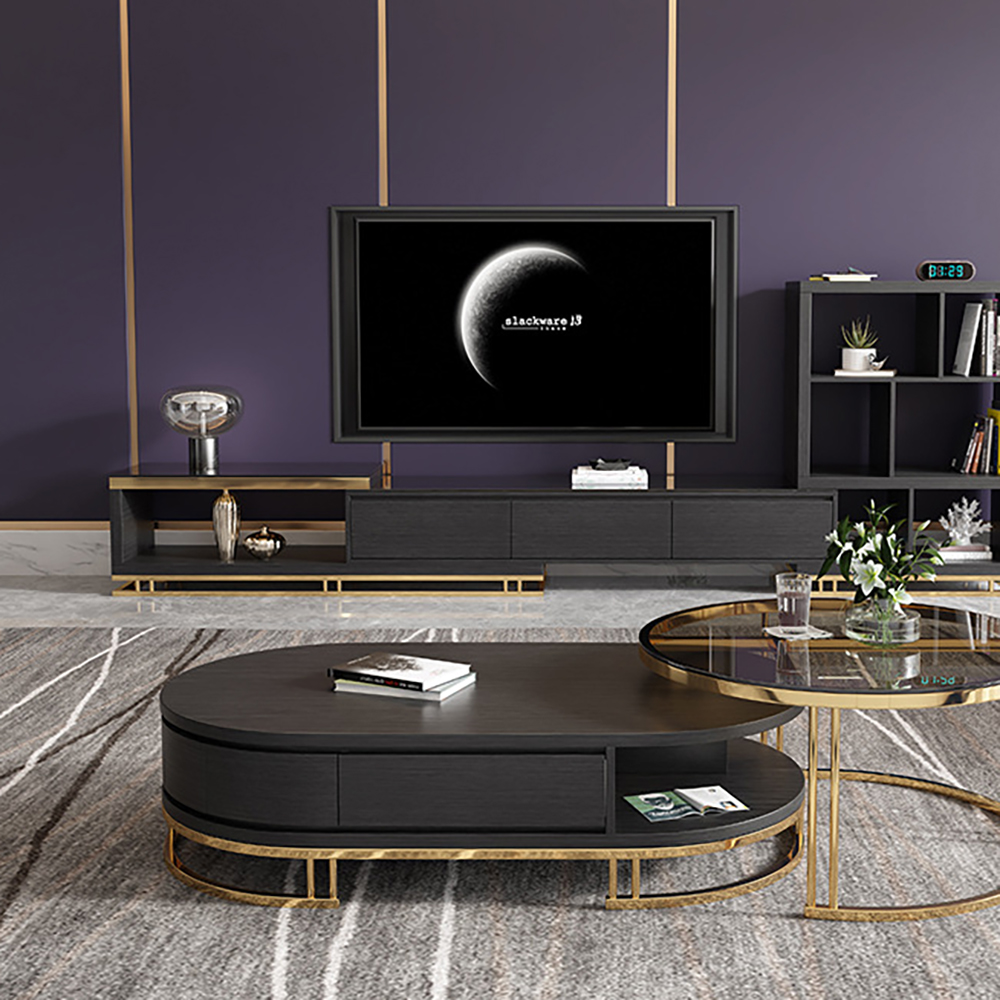 

Modern Black TV Stand Retracted & Extendable 3-Drawer 94" Media Console in Gold