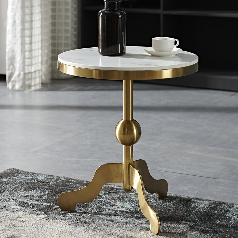 

Modern Round End Table Stone Top & Stainless Steel Legs Gold Side Table