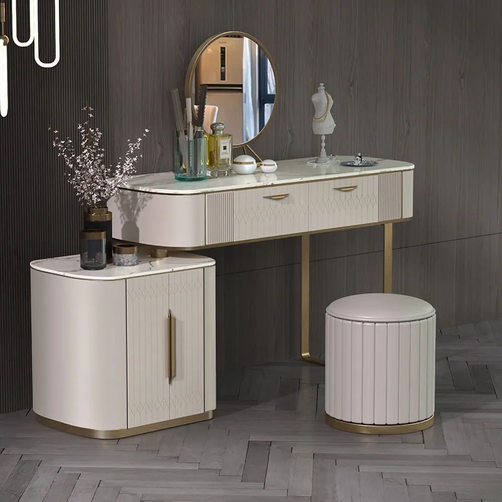 Off white makeup vanity retracted extendable dressing table with 2 drawers cabinet included