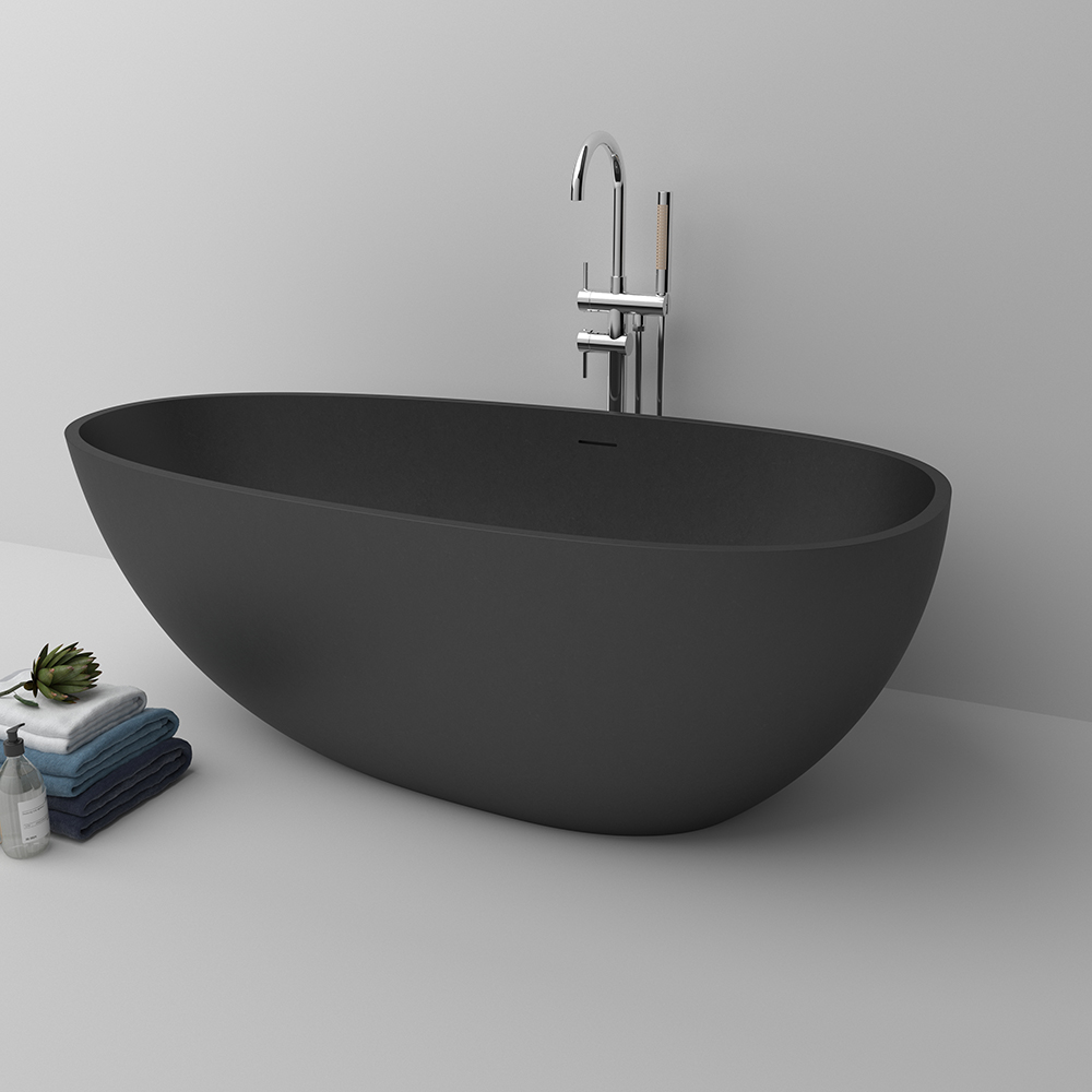 Oval Freestanding Soaking Bath Stone with Center Waste & Overflow in Matte Black