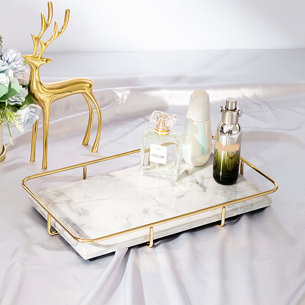 White & Gold Modern Marble Rectangular Makeup Desk Organizer Storage Tray