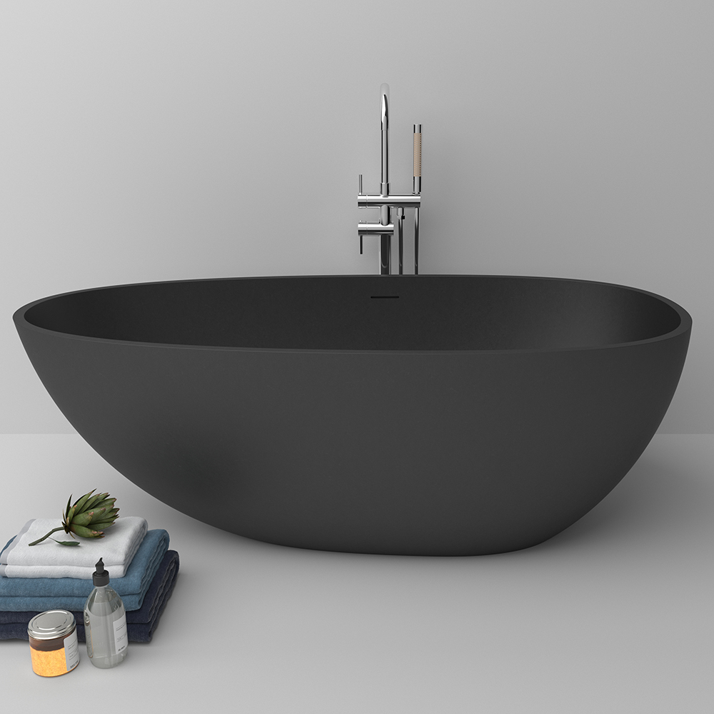 Oval Freestanding Soaking Bathtub Stone with Center Drain & Overflow in Matte Black
