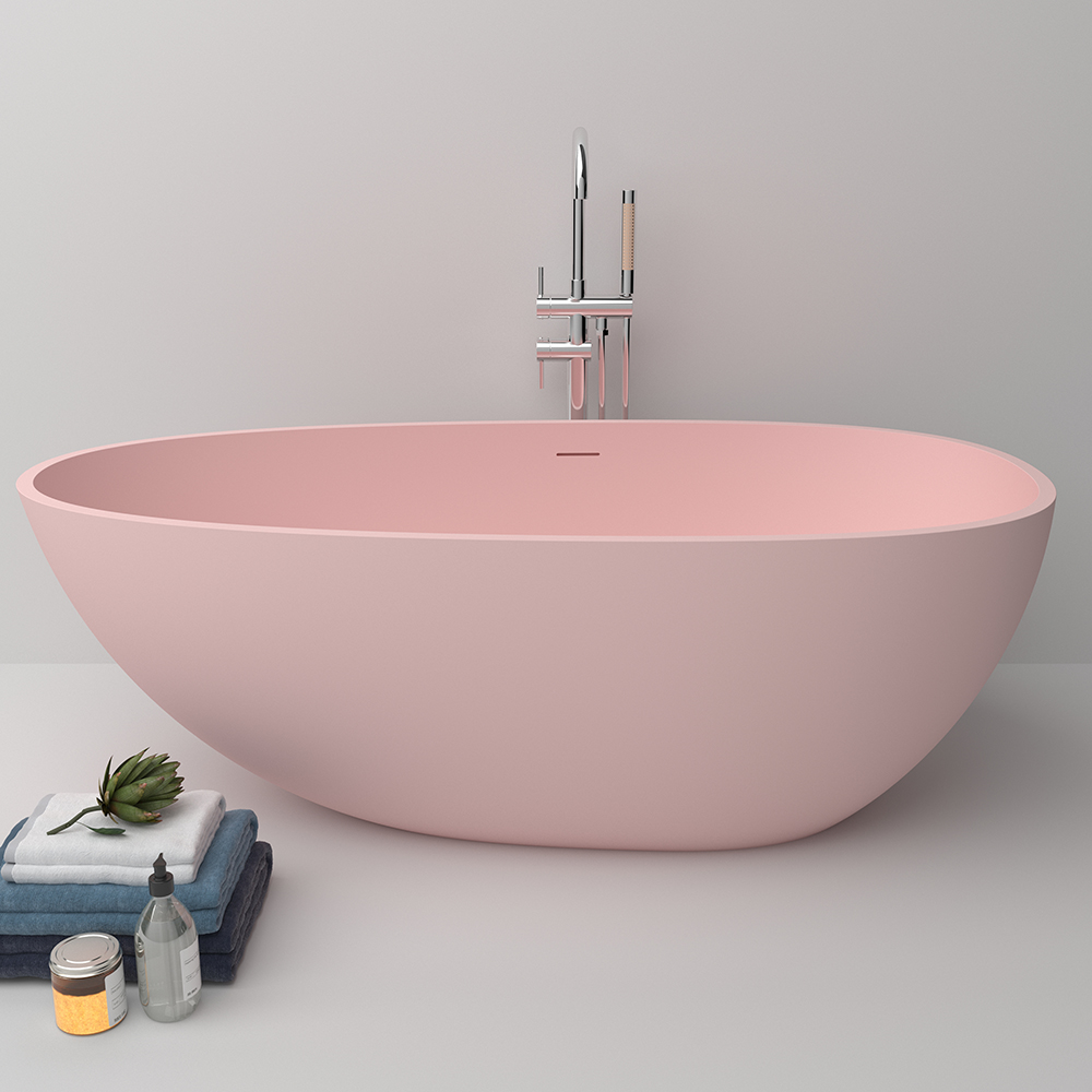

Oval Freestanding Soaking Bathtub Stone with Center Drain & Overflow in Pink