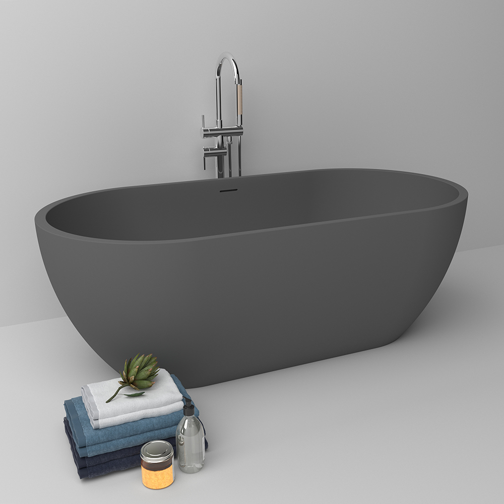

Freestanding Soaking Bathtub Stone with Center Drain & Overflow in Deep Gray