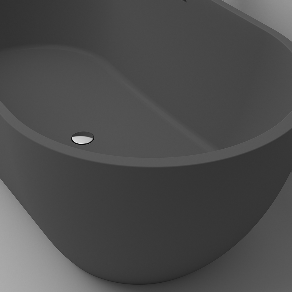 Rounded Freestanding Soaking Bathtub Stone with Center Drain & Overflow in Deep Gray