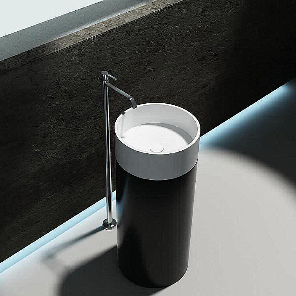 35" Tall Black & White Stone Resin Cylindrical Pedestal Bathroom Sink